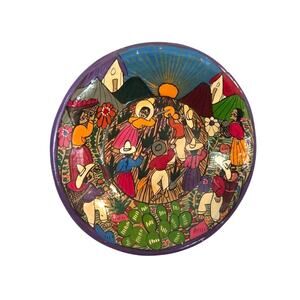 Vintage Mexican Folk Art Pottery Clay Wall Plate Village Story Farmers Cactus